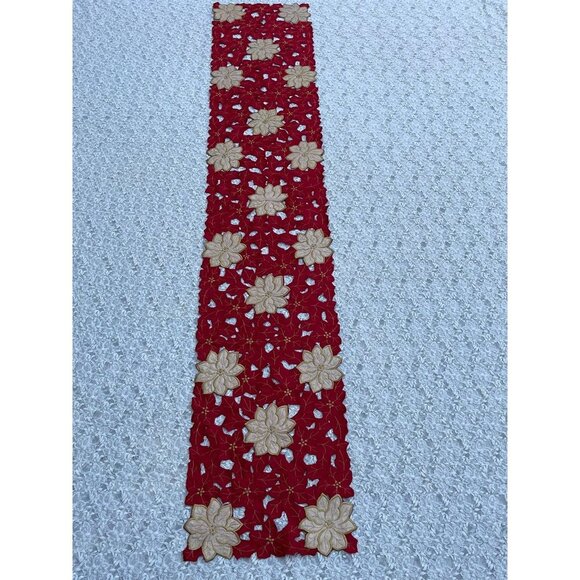 Christmas Flower Rectangular Embroidered Table Runner Red Gold Flower 68x12 - Picture 5 of 9